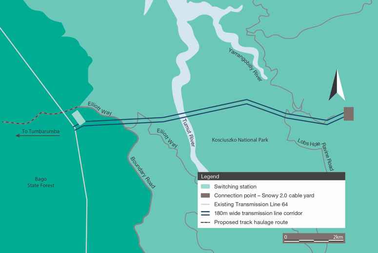 Map of Kosciuszko national park with transmission line plans